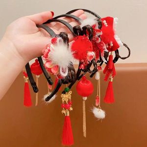 Accesorios para el cabello, peluca Hanfu roja, diadema tradicional de estilo chino antiguo, borla de flores, lazo de perlas, sombreros de año para niños
