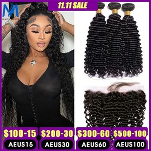 Paquetes de cabello a granel 30 38 40 pulgadas Paquetes de ondas profundas con encaje frontal 13x4 HD brasileño para mujeres negras Cierre 231113