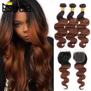 Hair Bulks Ombre Chocolate Brown Bundles Avec Fermeture Peruvian Body Wave 1B 33 Colored Human et 44 Lace 230617