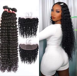 Hair Bun Maker 26 28 30 Pulgadas Deep Wave Human 34 Bundles Con Frontal Brazilian Weave Lace Clre 13x4 230214