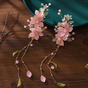 Pinces à cheveux 2 pièces épingles à cheveux chinois bijoux anciens fleur rose pendentif pince à ressort ornements accessoires Barrettes pour filles mariées