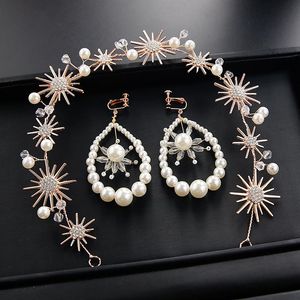 Pinzas para el cabello Barrettes Rhinestone Pearl Sun Diademas Pendientes Set Gold Bride Headwear Accesorios de boda Joyas para su regalo Mujeres Tiaras