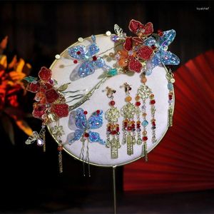 Pinzas para el cabello chino azul real mariposa borlas horquillas tocado nupcial bata Cheongsam clásica accesorios de boda