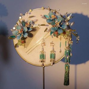 Pinzas para el cabello estilo chino novia clásica boda Show He Headwear hecho a mano flor azul borla accesorios de horquilla