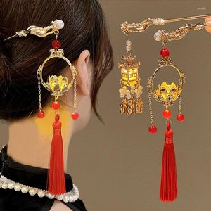Pinces à cheveux bâtons de Style chinois, épingles à cheveux, pompon secouant, lanterne de Lotus lumineuse, épingles scintillantes, accessoire de couvre-chef