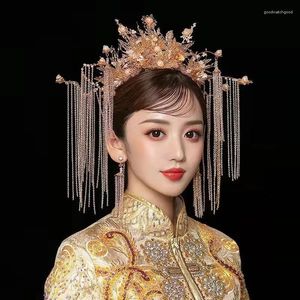 Pinces à cheveux chinois mariage mariée couronne à la main fleur glands diadème mariée reine princesse couronnes femmes Costume accessoires ML