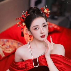 Pinces à cheveux rouge Style chinois classique fleur Costume accessoires de mariage mode Vintage épingles à cheveux ensemble bijoux