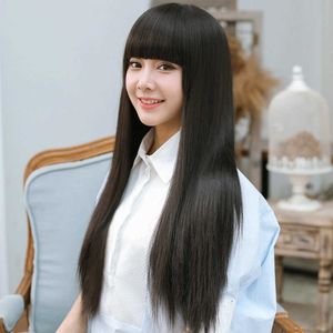 Pelucas de encaje para el cabello Cabello largo y recto para mujer Flequillo Negro Coreano Peluca de seda de alta temperatura Sombrero