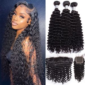 Hair pieces Long Deep Wave 8A Grade Human Bundles with Closure Peruvian Lace Frontals 13x4 Extensions 230314