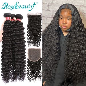 Hair pieces Rosabeauty 30 32 inch Deep Wave Bundles With Closure Peruvian Remy Human Weaves Water Curly and 5X5 HD Lace Frontal 230314