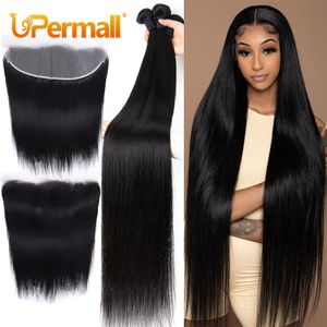 Hair pieces Upermall 2 3 4 Remy Straight Human Bundles With Frontal Brazilian Transparent Pre Plucked 13x4 Lace Closure and Bundle 10A 230314