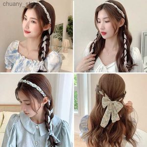 Bands de caoutchouc à cheveux Elegant Pearl Hair Bands For Woman Fashion Long Ribbon Bow Girls Bands Heads Pearl Braid Bands Femme Accessoires Scrunchie Y240417