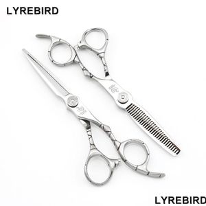 Tijeras para el cabello Profesional 6 pulgadas Lyrebird Barbero de alta clase Línea curva Mango Grabado Flor Tornillo Mate Siery Drop Entrega Prod Dheoq