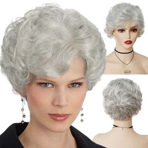 Pelucas de pelo peluca rizada corta sintética para mujeres gris natural con flequillo disfraz de cosplay anciana elegante damas 240306
