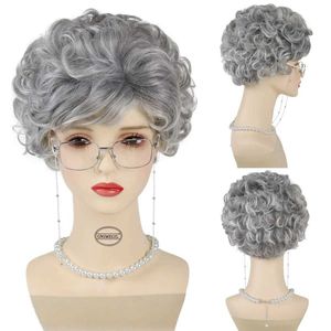 Perruques de cheveux gris vieille dame perruque lunettes de grand-mère collier de perles 3 pièces/ensemble enfant grand-mère Cosplay perruque pour l'école de Noël Thanksgiving Day 240306