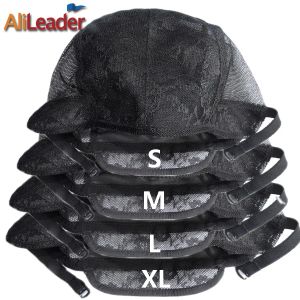 Redecillas La mejor gorra de tejido ajustable XL/L/M/S para hacer pelucas, gorras de peluca de encaje de doble capa a la venta, gorra de peluca de nailon de redecilla negra 10 unidades/lote