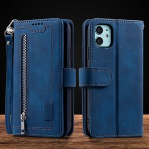 Estuches para teléfono con cremallera para iPhone 14 13 12 11 Pro Max XR XS X 7 8 Plus - Estuche multifunción retro de cuero PU con tapa y función atril con monedero y 9 ranuras para tarjetas