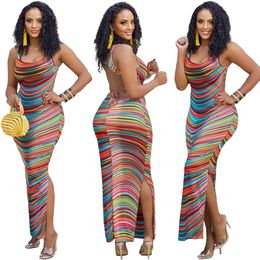 Hallow Out Backless Vest Robes Femmes Casual Striped Print Long Pencil Dress Free Ship