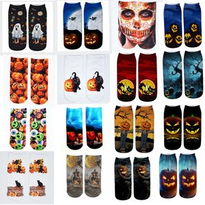 Halloween-Socken mit 3D-Druck für Damen, Kürbis-Fledermaus-Söckchen, Katze, Hexe, coole Polyester-Kurzsocken, 35 Stile