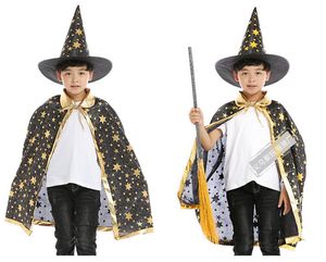 Cape d'Halloween pour Enfants Étoiles Imprimé Chapeau Cape Magique Sorcière Cosplay Ensembles Costumes