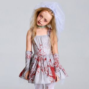 Disfraz de Halloween para niños y adultos, vestido de fiesta de disfraces de novia fantasma manchado de sangre gris aterrador con falda con pomo halter