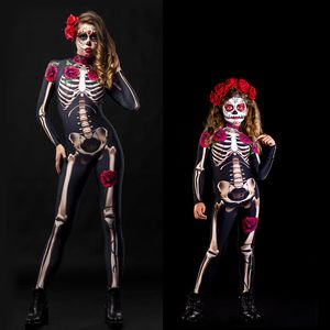 Halloween Costume Combinaisons Femmes Horreur Rose Crâne Parent-Enfant Assorti Tenue Combinaison Lady Enfants Slim Manches Longues Barboteuses 210507