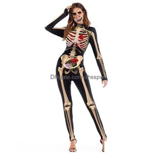 Costume d'halloween pour femmes, imprimé squelette Rose, combinaison slim noire effrayante, Costume de Cosplay pour femmes, Sexy, livraison directe