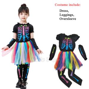 Disfraces de Halloween para niña, esqueleto de arcoíris, bruja aterradora, disfraz de vampiro, vestido elegante para niños, mallas, traje de Carnaval de manga larga