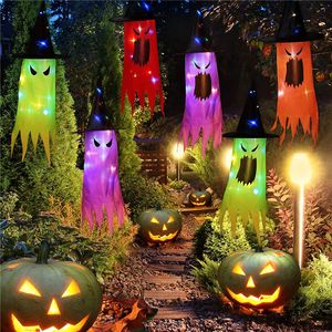 Decoraciones de Halloween Colgando LED Iluminado Sombrero de fantasma brillante Operado por batería para jardín Árbol de interior al aire libre KDJK2108