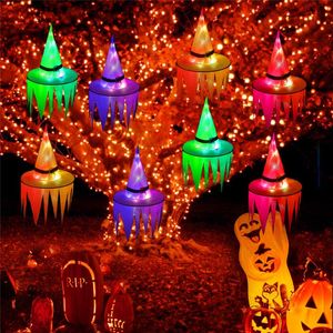 Décorations d'Halloween suspendus éclairés LED chapeau de sorcière rougeoyant à piles pour porche extérieur arbre cour XBJK2108