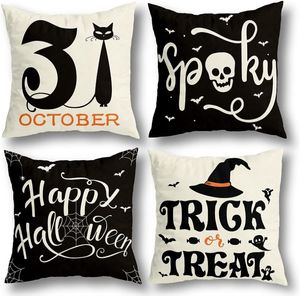 Fundas de almohada con decoraciones de Halloween, 18x18, suministros para fiestas en interiores y exteriores, decoración del hogar de granja, funda de cojín decorativa con diseño de calavera de gato y fantasma 919