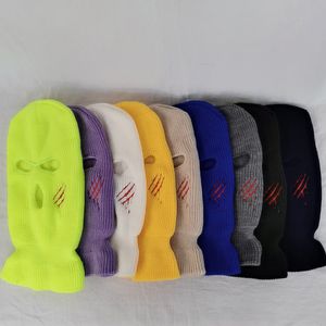 Casquettes tricotées pour Halloween, cagoule d'hiver personnalisée, masque facial personnalisé, 3 trous brodés, chapeau de Ski rose néon