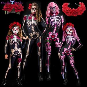 Halloween Scary Cosplay Skeleton Rose Sexy Women Devil Vampire Jumpsuit Party Carnival Scary Costume Baby Girl Día de los muertos Y0903