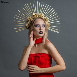 Halo Crown Gold Rose Flowers Celestial Nupcial Headpieces Spiked Halo Goddess Cosplay Bride Tiara Face Chain Sunburst Virgin Mary Sun Ray Crown Sesión de fotos CL2290