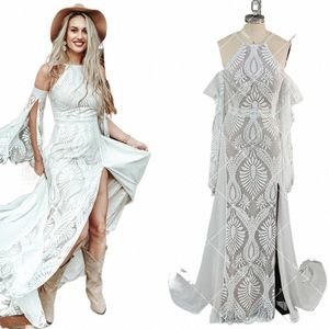 Halter Boho Lace Wedding Dr De détachable LG Flare Sleeves Left Split Summer Fluming Train Cold Shoulder Beach Bridal Bridal Y3Q4 #