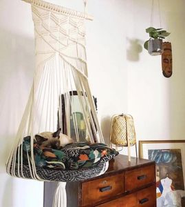 Hamac Style balançoire pour chat, lit-Cage, suspendu à la main, sièges de chaise de sommeil, pompon, jouet pour chats, corde en coton, maison pour animaux de compagnie