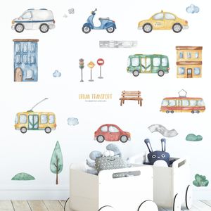 Autocollants muraux de voiture de dessin animé peints à la main pour enfants décor de chambre de bébé pépinière autocollants en PVC écologiques peintures murales décoratives amovibles
