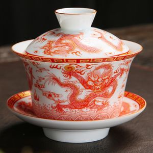 Bol à thé Dragon Gaiwan peint à la main, en porcelaine Gai Wan, soupière de thé de bon augure pour le lait oolong thé, bol de couverture en porcelaine