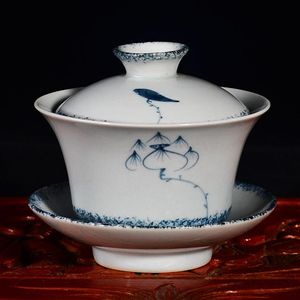 Couverture de thé en porcelaine bleue et blanche gaiwan rétro peinte à la main, bol à thé Sancai en céramique Jingdezhen, tasse de thé ancienne 315x