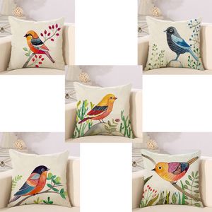 Cojines de pájaros pintados a mano, funda de almohada, funda de cojín de árbol de pájaro, funda decorativa para sofá, funda de almohada de algodón y lino, regalo