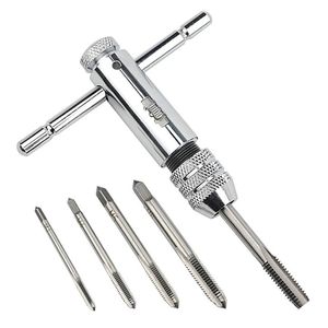 Hand Tools Adjustable Silver T-Handle Ratchet Tap Holder Wrench with 5pcs M3-M8 3mm-8mm Machine Screw Thread Metric Plug T-shaped Tap 99HMCLUB