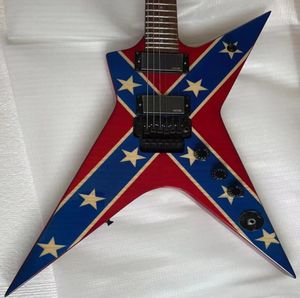 Trabajo manual Pintura Razor Dim 333 Dimebag Darrell Rebel Bandera confederada Guitarra eléctrica roja Tapa de arce flameado Floyd Rose Tremolo China Pastillas EMG Hardware negro