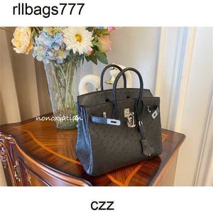 Sac à main Bk en cuir d'autruche véritable, sacs cousus à la main, fil de cire, maison 25 30 35, peau originale, boucle en argent noir, 177g