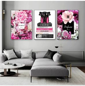 Bolso carteles nórdicos e impresiones cuadro sobre lienzo para pared cuadros de pared para decoración para sala de estar moda París Perfume libro de flores Woo