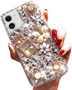 Coque de téléphone à paillettes scintillantes faite à la main, étui de luxe en diamant strass 3D, bouteille de parfum et fleur en pierre précieuse, coque arrière en TPU souple pour femmes et filles