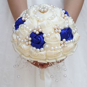 Bouquets de mariage en diamant perlé bleu Royal ivoire faits à la main, demoiselle d'honneur artificielle tenant des fleurs, accessoires de mariage W234B