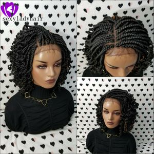 Caja rizada rizada hecha a mano Peluca de trenzas negro / marrón / rubio / color ombre peluca delantera de encaje trenzado corto para mujeres africanas