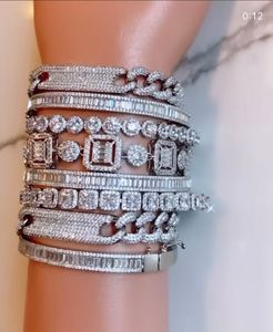 Handmade Sparkling Cuba Bracelets in 18K White Gold Fill with CZ Crystal Zircon for Men and Women, Hip Hop Party Promise Bangle for Lovers Gift