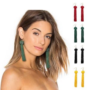 Pendientes de borla hechos a mano moda negro rojo amarillo verde colgantes largos oreja Broncos joyería con flecos de seda para regalo de mujer