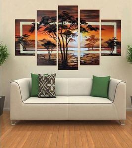 Huile peinte à la main Les arbres Paysage de lever de soleil africain peinture à l'huile sur toile art mural 5 pièces ensemble FZ00198502924449831